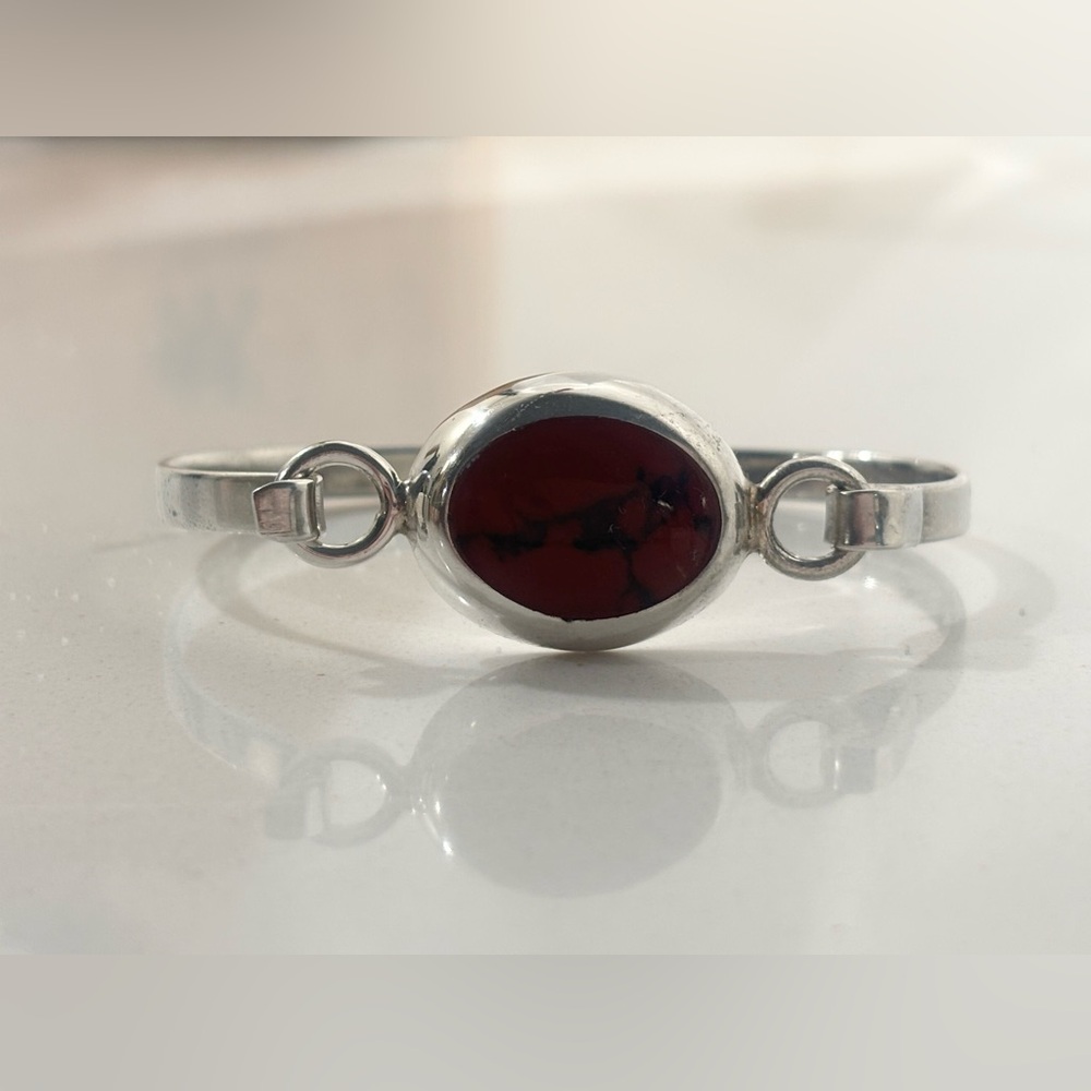 VINTAGE 925 Sterling Silver (Mexico) Agate InlayArtisan Bracelet